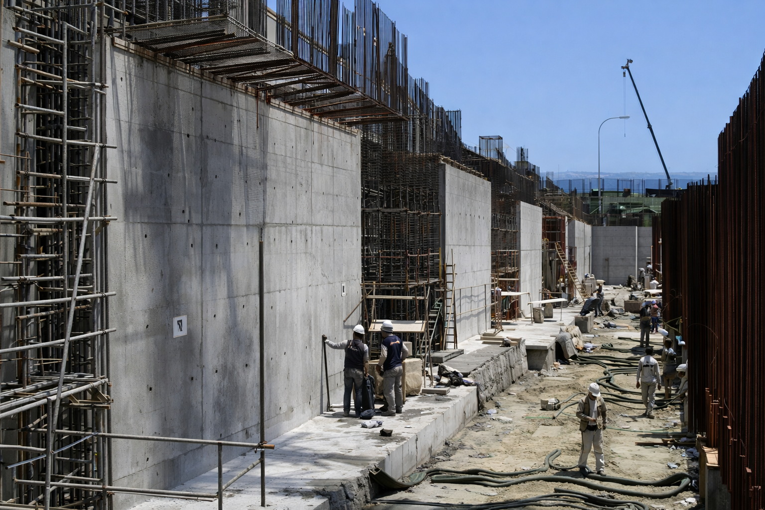 RCC basement structure waterproofing at a large-scale construction site in Pune