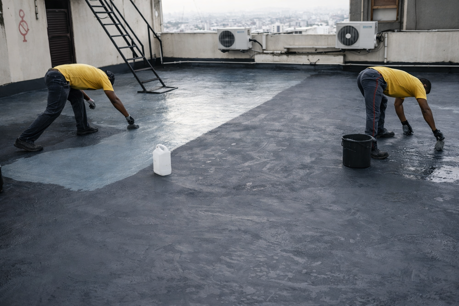 Workers applying waterproofing coating on terrace rooftop