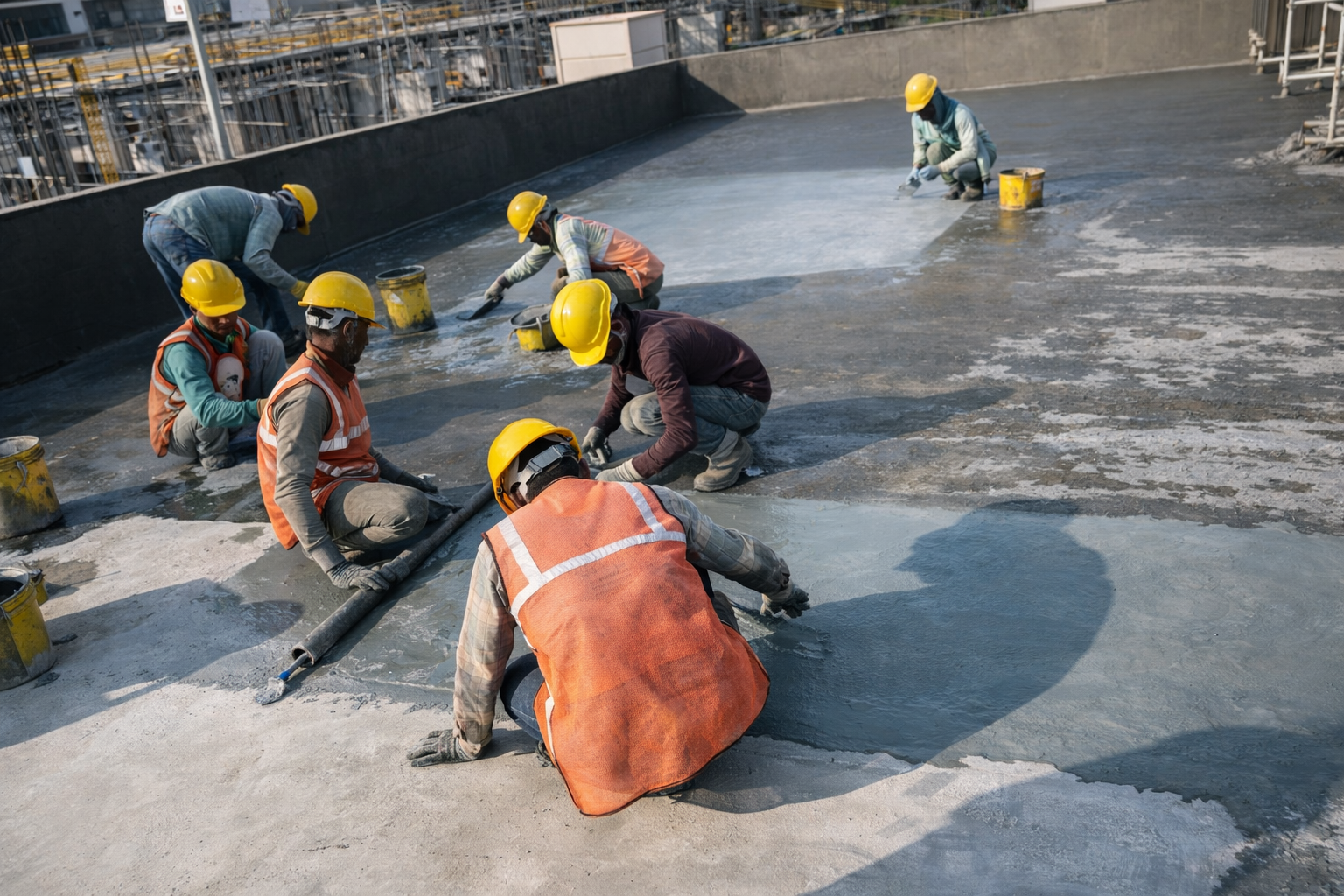 Skilled workers applying concrete waterproofing on slab